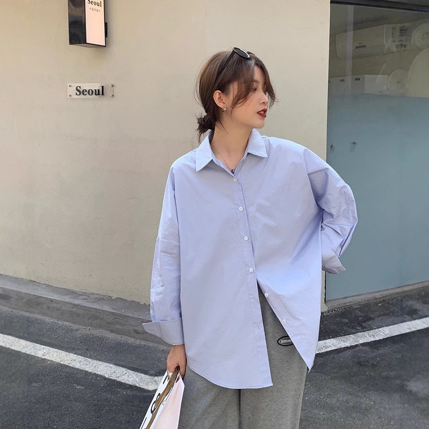 Spring and Autumn All-match Fashion Blue Shirt Women's Long-sleeved Korean-style Loose Simple White Shirt Top