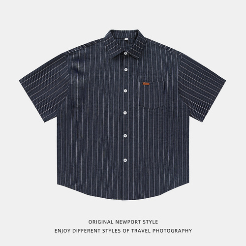 Texture feeling slightly wrinkled, color-blocking stripes short-sleeve shirt, summer Japanese-style loose casual turnover collar shirt jacket q
