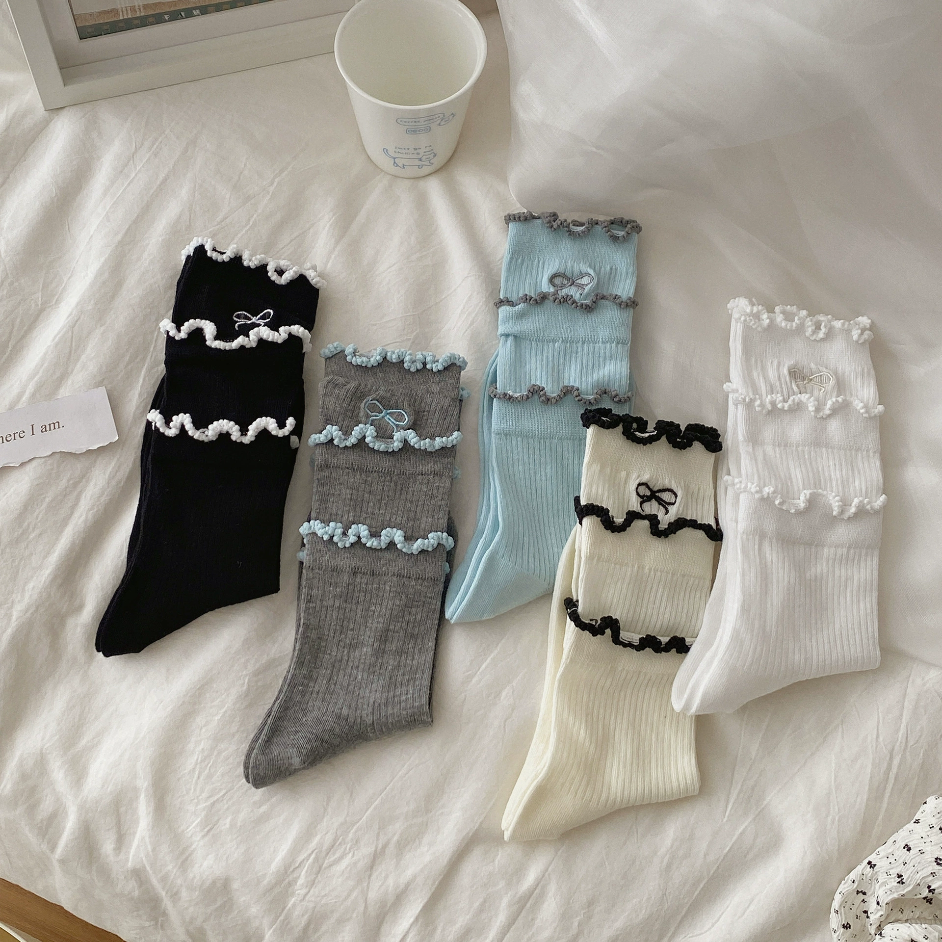 Breathable white summer thin knee socks, mid-length