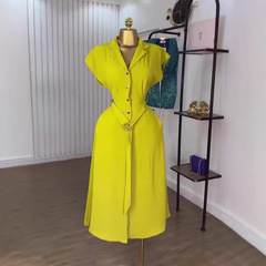 欧美跨境女装新款时尚纯色西装领单排扣配腰带衬衫式迷笛连衣裙
