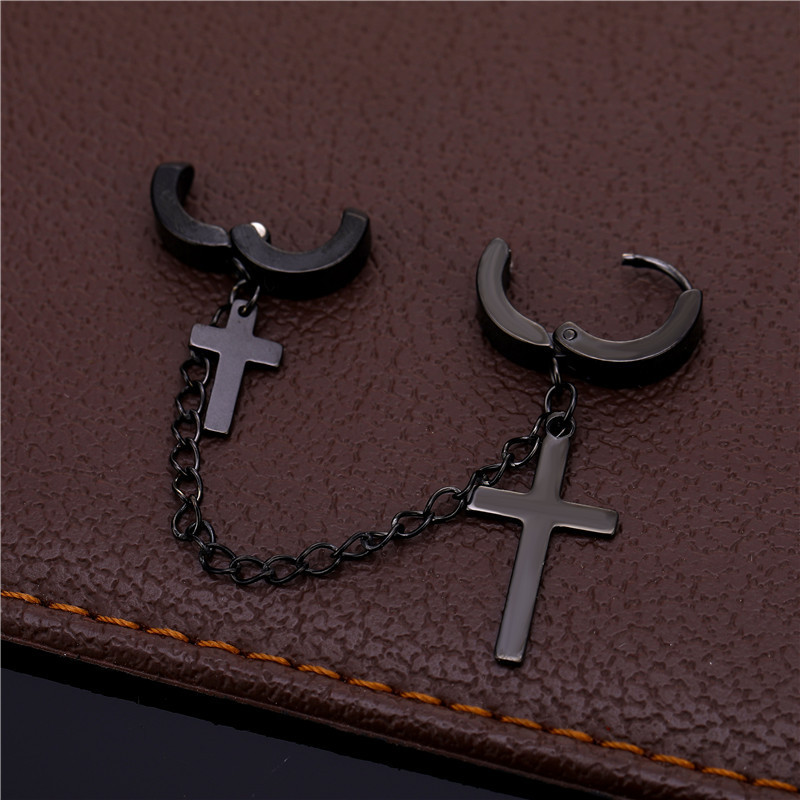 Men's Black Silver Stainless Steel Chain Pendant Cross Earrings C-Shaped Clip On Jewelry_voghion.com
