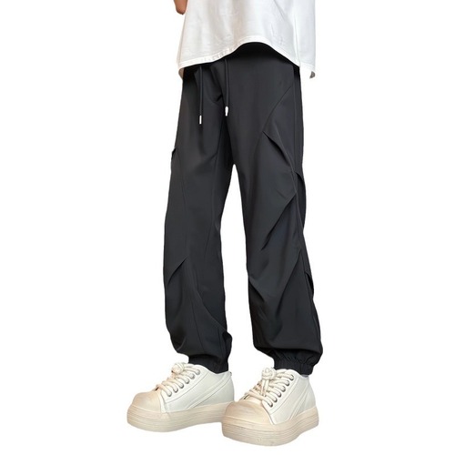 Men's Summer Thin, Design-Driven Fleece-Like Quick-Dry Pants: Loose-Fit, Ankle-Tied Sports & Casual Long Trousers