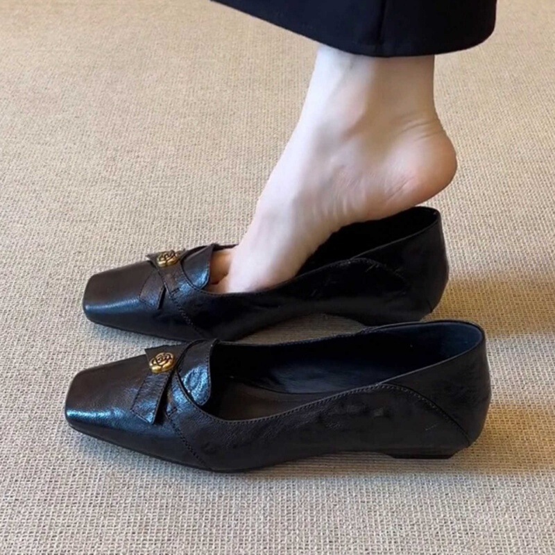 2025 Retro Camellia Soft Sole Loafers Women's Square Toe Bow Temperament Mary Jane Shoes Easiest for Match Commuting Shoes