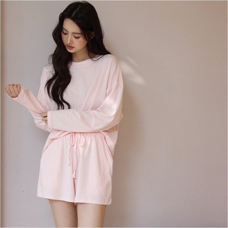 Skims Women's Spring and Summer Modal Cotton Loose Round Neck Casual Long-Sleeved Shorts Set Can Be Worn as Home Clothes