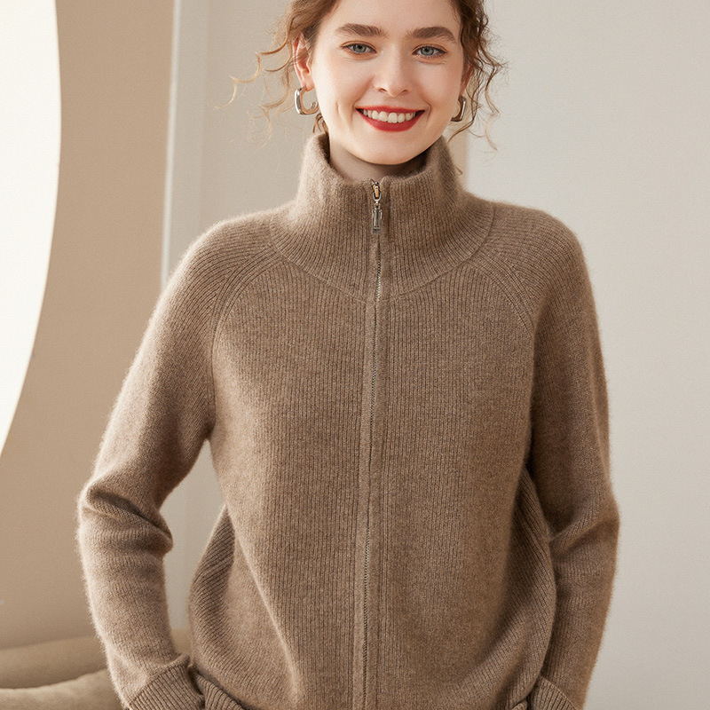 Cashmere solid color demi-season cardigan with zipper