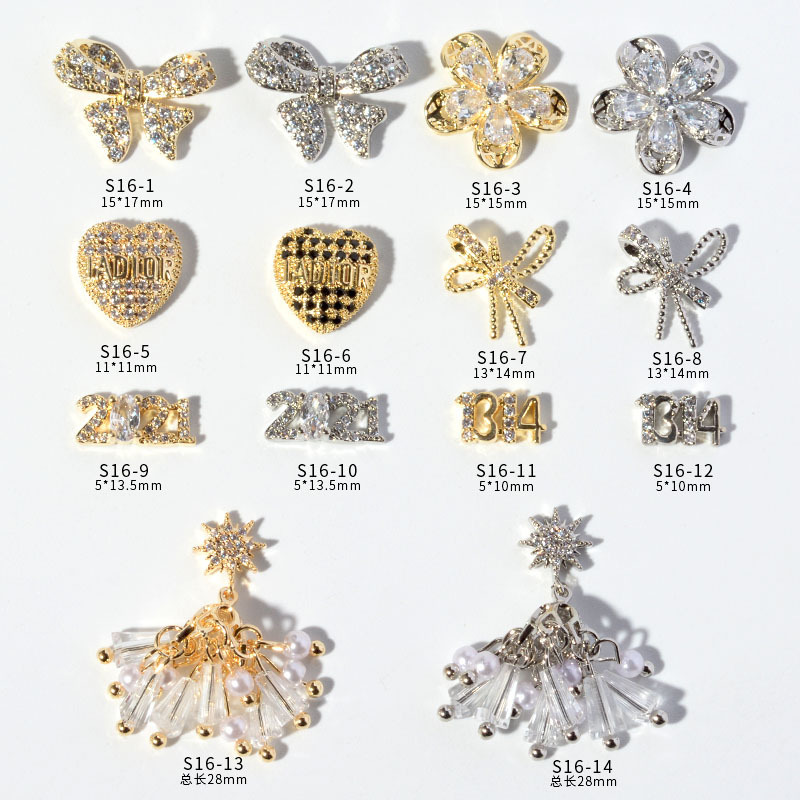 Nail Art Internet Celebrity Jewelry Full Diamond Bow Gold and Silver Zircon Sunflower Crystal Tassel Pendant Love Nail Decoration