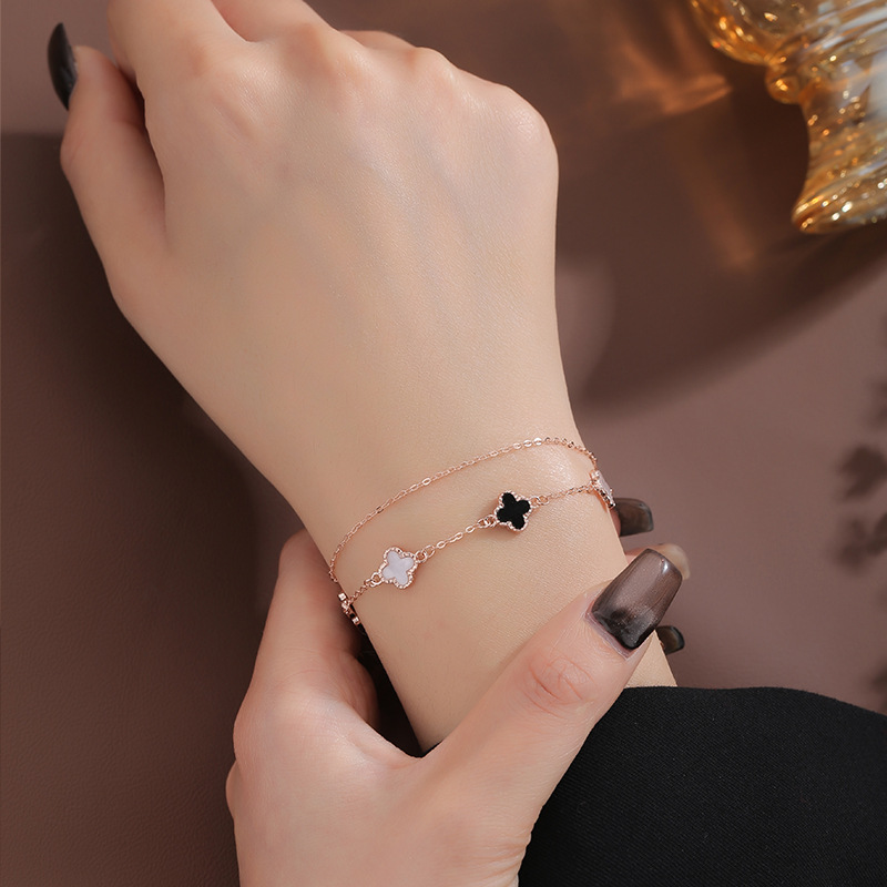 S999 Foot Silver New Chinese Double-layer Four-leaf Clover Bracelet Elegant Women's All-match High-end Niche Jewelry Light Luxury Jewelry
