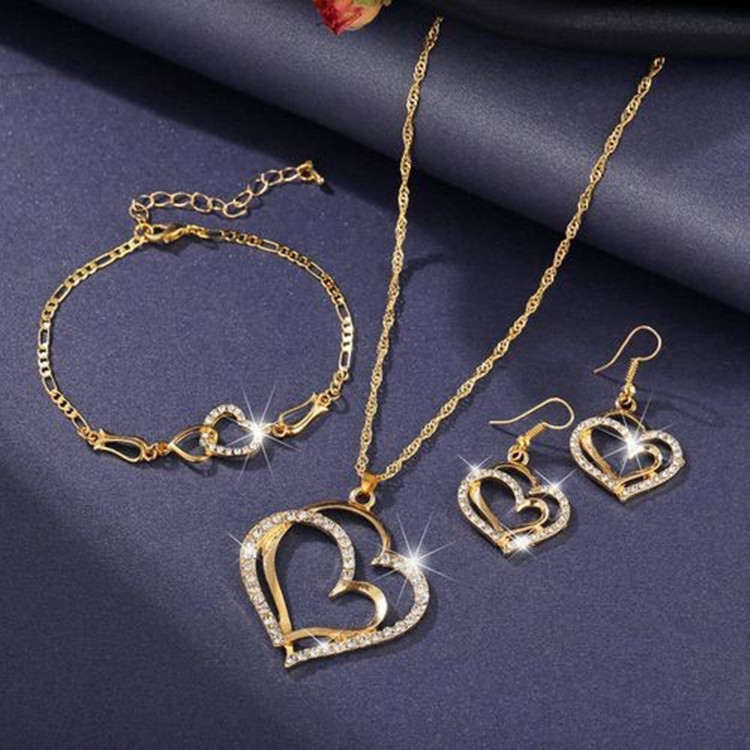 Weiya europeo y americano popular joyería traje cena boda accesorios doble amor en forma de corazón pendientes collar traje