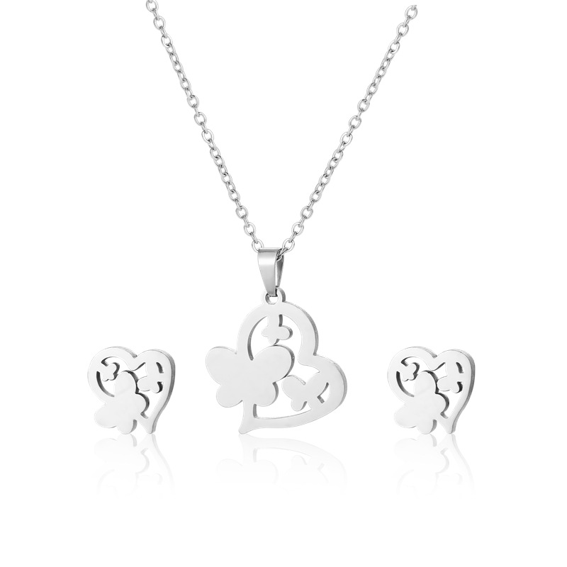 stainless steel heart-shaped necklace earrings set glossy cut love butterfly clavicle chain