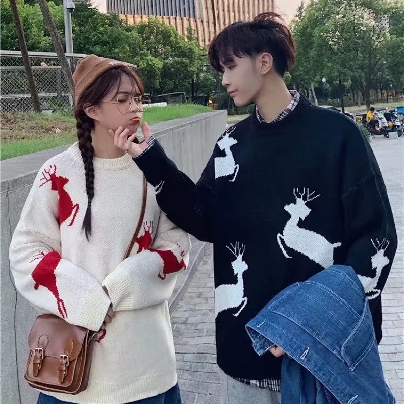 Francés Otoño e Invierno Nueva pareja engrosada suéter de cuello redondo de los hombres de estilo de Hong Kong estilo coreano flojo estilo perezoso suéter de punto