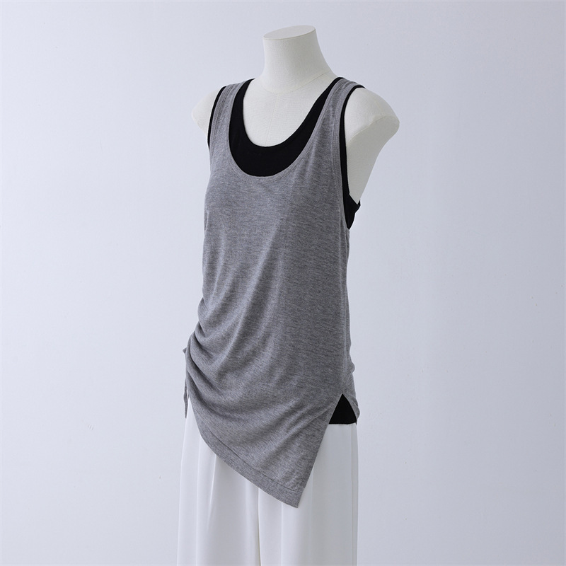 Summer New Style 100% Tencel Women's U-Neck Faux Two-Piece Sleeveless Knit Vest Slim Fit Fashionable Thin Base Shirt