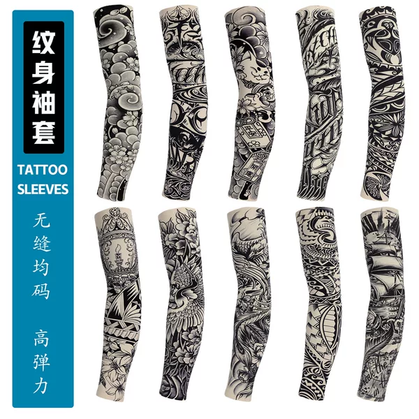 New Style Thick Real Seamless Ice Silk Sleeves Outdoor Sports Tattoo Sleeves Flower Arm Tattoo Sunscreen Sleeves Korean Arm Protection