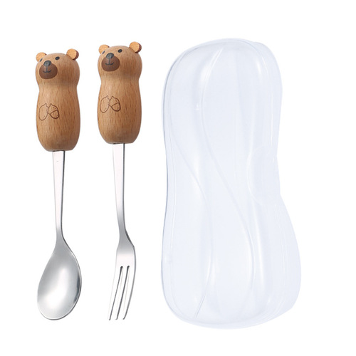 Cartoon stainless steel spoon and fork, cute ins style wooden handle Korean style red panda coffee dessert spoon and fork