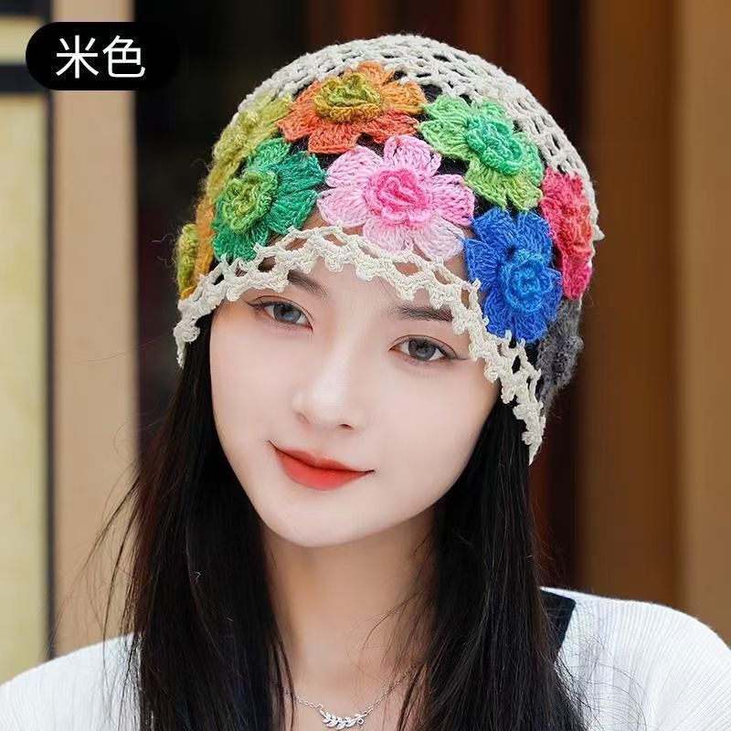 春秋款手工帽子女套头帽纯手工钩织百搭针织帽女士镂空钩花毛线帽