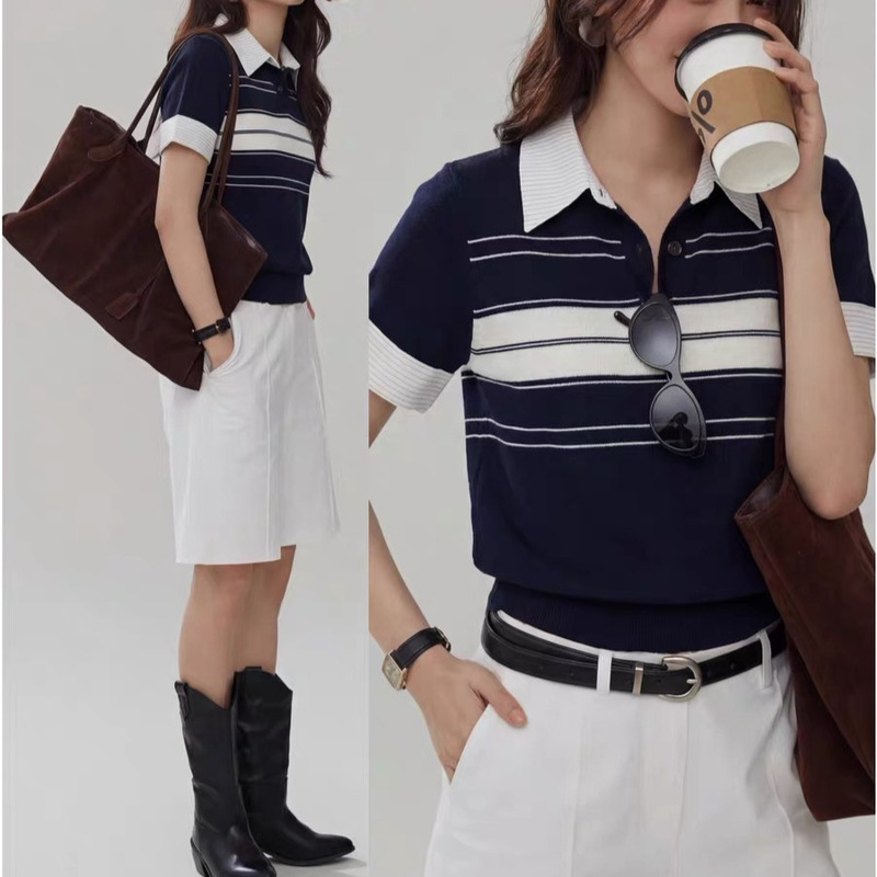 French-Style College-Style Striped Polo Collar Short-Sleeve T-Shirt for Women, Summer Ice Silk Breathable Casual Regular Shoulder Knit Top