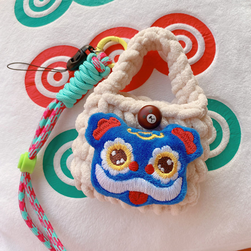 HD12441A03 Chinese New Year Lion Dance Atmosphere Crochet Lanyard Purse Coin Purse Dragon Head New Year Earphone Bag Gift