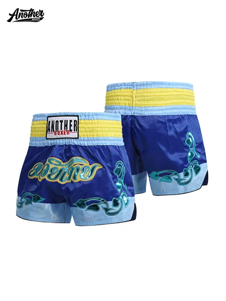 ANOTHERBOXER blue patchwork Thai boxing shorts for combat and kickboxing