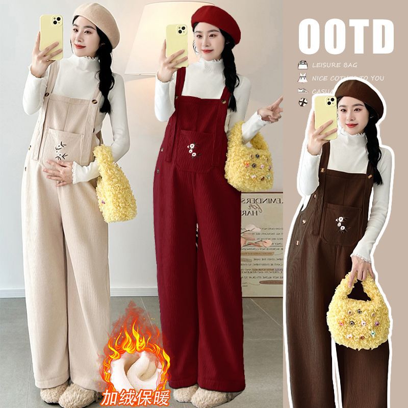 Maternity Overalls 2025 New Style Slimming Look Corduroy Overalls Fleece-Lined Loose Large Size Autumn and Winter Pants
