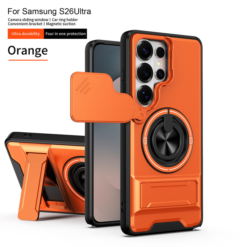 Cross-border applicable Samsung S26Ultra phone case with Shunjia lens sliding window, rotating magnetic stand, A57 anti-drop hard case