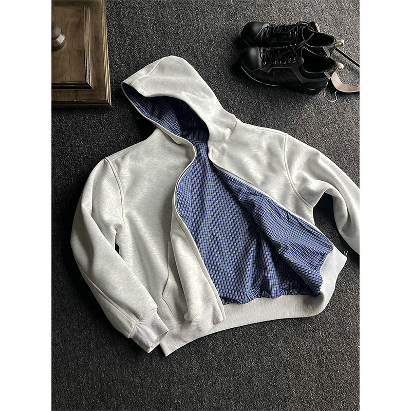 miu系双面穿皇家蓝格纹拉链卫衣男早秋长袖上衣cleanfit开衫外套|undefined