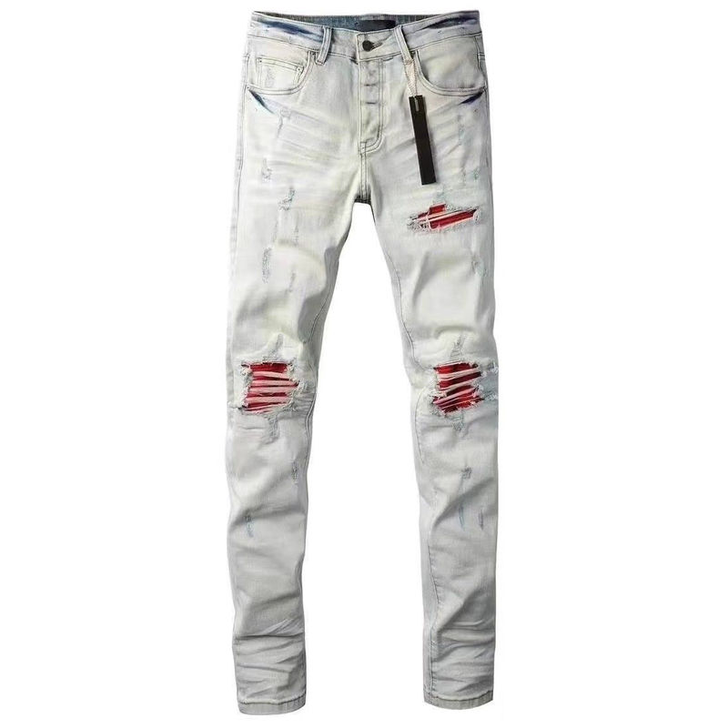 New Letter Jeans for Men, Trendy Brand, Ripped, Embroidered, Leather Patch, Straight-Leg, Slimming, Long Pants