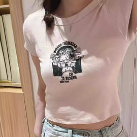 BM风 女装新款浅粉色架子鼓短袖上衣女辣妹高腰短款棉正肩T恤
