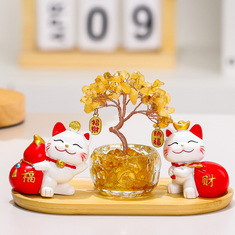 天然黄水晶发财树客厅电视柜摆件卡通可爱招财猫办公室桌面装饰品|undefined