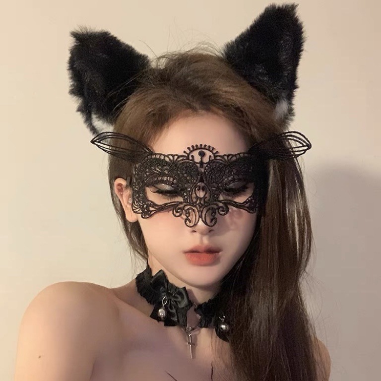 Black lace sexy cat ears headband sex-free eye mask face-covering mesh Halloween headdress hair accessories female accessories
