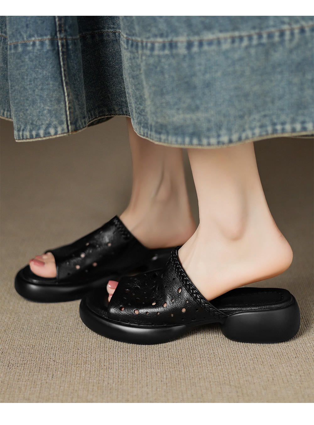 Dép sandal nữ quai chữ V đế dày da cừu mềm đi biển — đen chi tiết 11