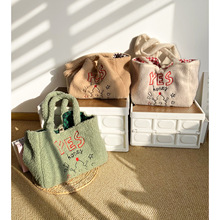 秋冬可爱刺绣托特包毛绒大容量双面单肩包卡通格纹通勤包女韩版