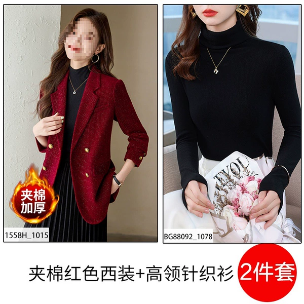 Quilted red black colored classic suit jacket, knitted sweater