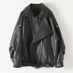HN4166 本革ジャケット、輸入ヤギ革、アメリカンスタイルの頑丈な二重衿、ルーズシルエットのライダースジャケット