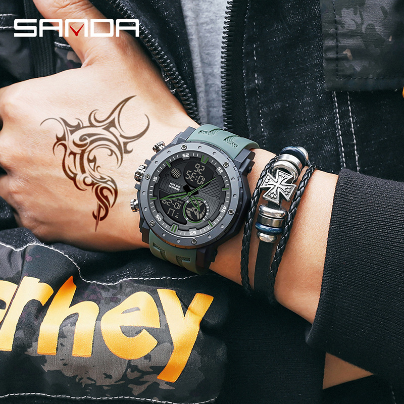 Sanda Moda marca deportes reloj de los hombres multi-funcional fresco doble pantalla al aire libre impermeable luminoso reloj electrónico