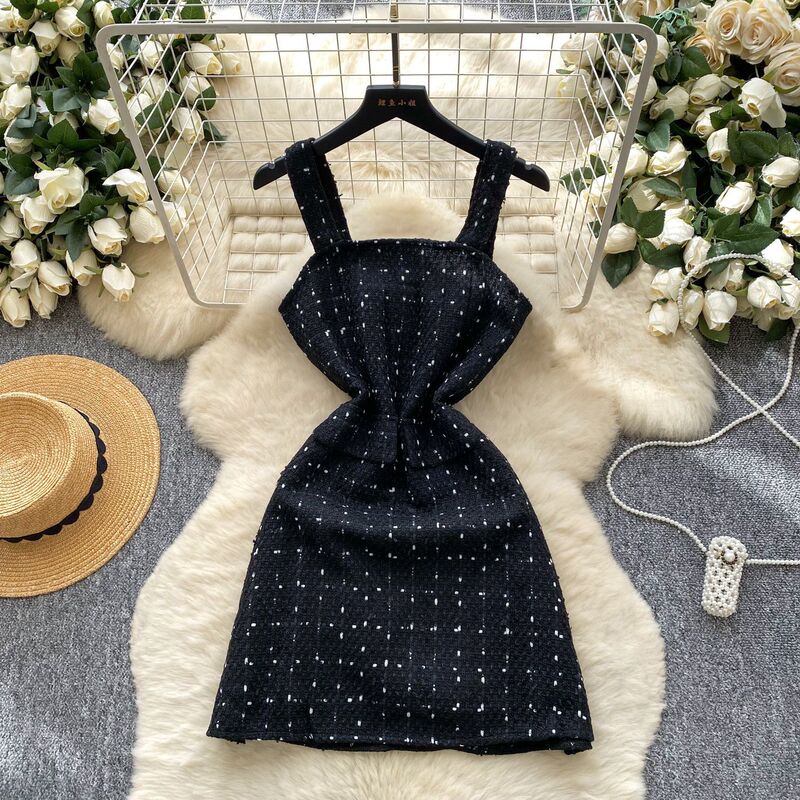 French-Style Vintage Tweed Suspender Dress + High-Neck Slim-Fit Knit Sweater Chic and Elegant Set for Winter