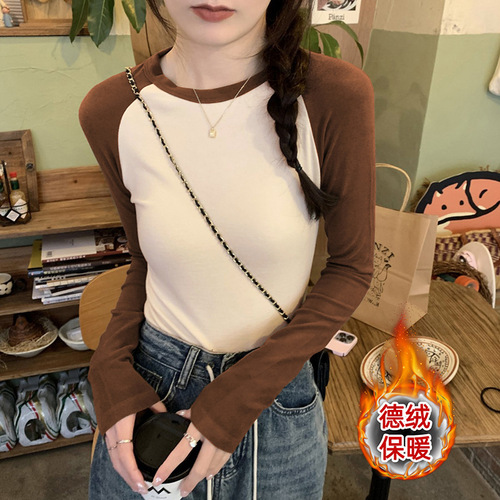 Denim-style arc hem contrasting patchwork trendy velvet long-sleeved base shirt for autumn and winter women's innerwear