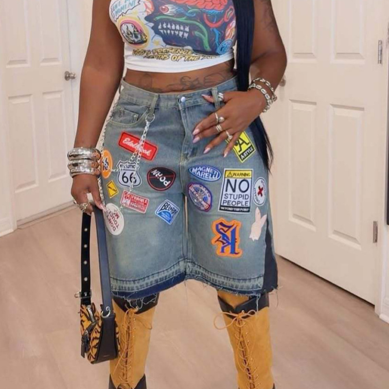 Cross-Border European and American American Retro Denim Shorts Y2K Harajuku Hip-Hop Cartoon Logo Embroidered Loose Sports Shorts