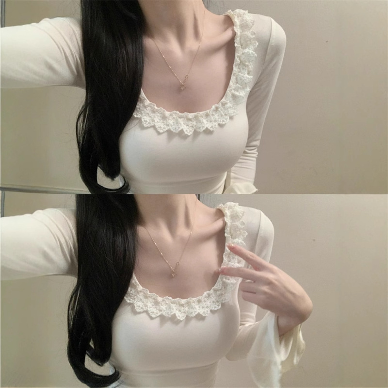 Pure Desire White Lace Long Sleeve T-Shirt Women's Early Autumn Chic Sweet and Spicy Inner Layering Shirt Short U-Neck Top Pure Desire White Lace Long Sleeve T-Shirt Women's Early Autumn Chic Sweet and Spicy Inner Layering Shirt Short U-Neck Top