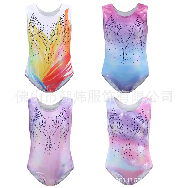 European and American Children's Rhinestone Gymnastics Clothes Bronzing Gymnastics Clothes Children's Dance Clothes Performance Clothes Tight Clothes Children's Practice Clothes