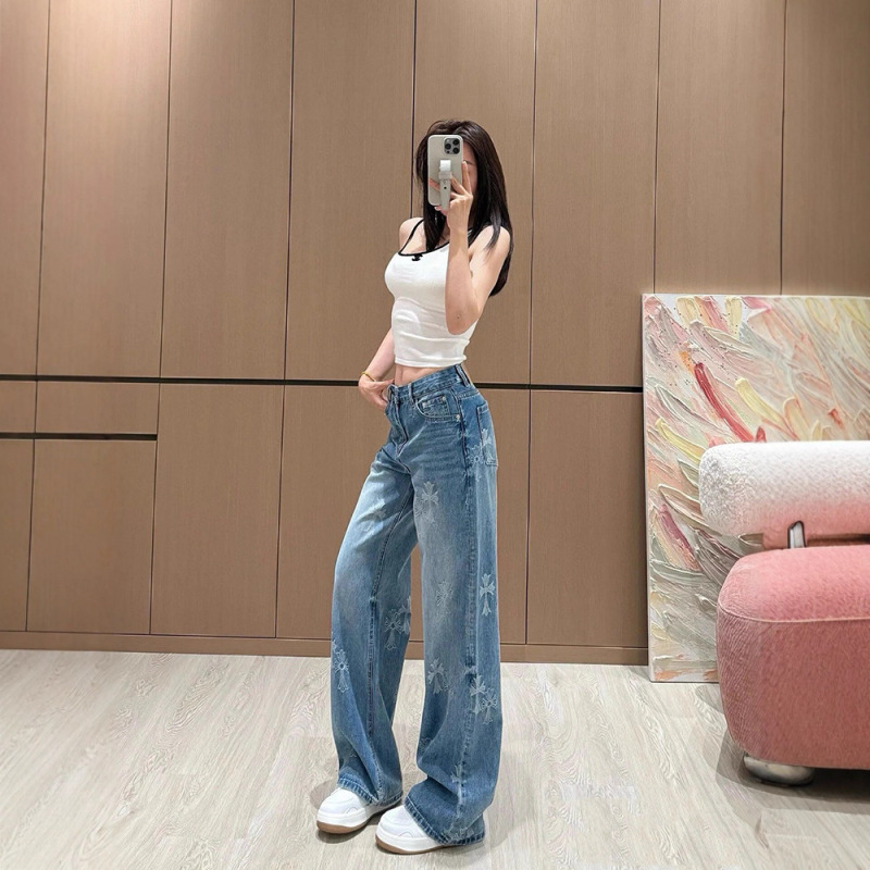 美式十字架提花刺绣高腰直筒牛仔裤女2025新款高级感窄版阔腿长裤|undefined