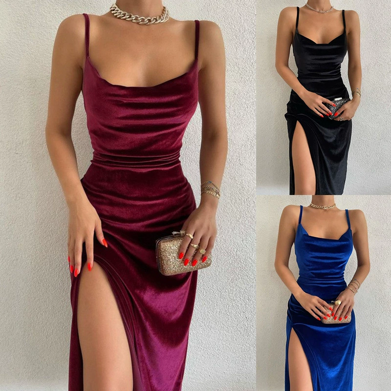 Европейская и американская трансграничная внешнеторговая женская одежда весна-лето 2025: сексуальное обтягивающее бархатное платье-миди с разрезом и бретельками для вечеринок.