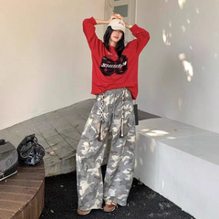 早秋2025新款美式复古迷彩阔腿工装裤女纯棉洗水抽绳高腰宽松长裤