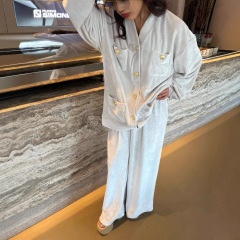 欧美女士开衫秋冬季雪花长毛绒和服领保暖软绵绵小香风家居套装冬