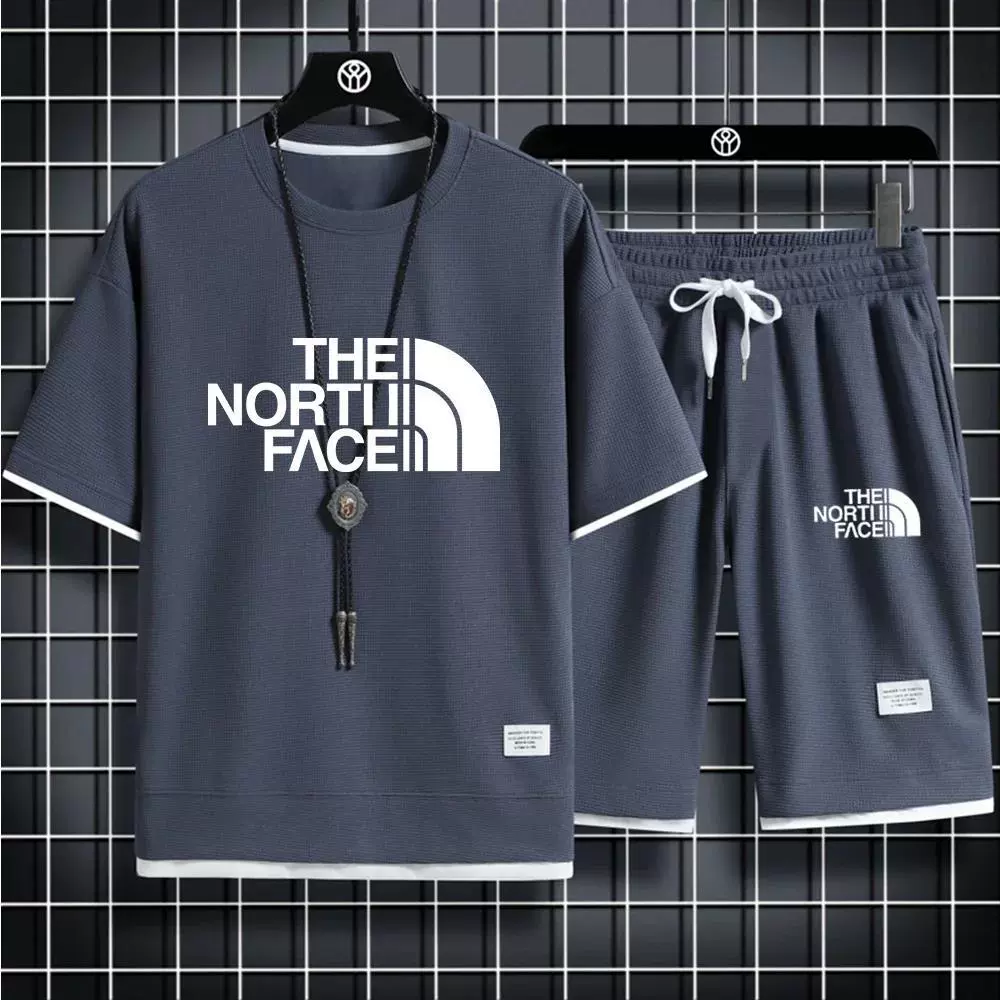 Мужская футболка с короткими рукавами и спортивные шорты, костюм вафельной повседневной спортивной одежды, дышащая модная летняя удобная мужская 2