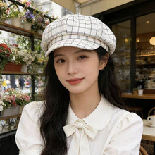 帽子韩系复古格子八角帽女格纹时尚鸭舌帽春夏防晒遮阳百搭画家帽