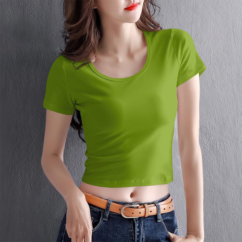 Avocado Green Short T-Shirt Women's Short-Sleeved 2025 New Summer Dopamine Small Round Neck Crop Top