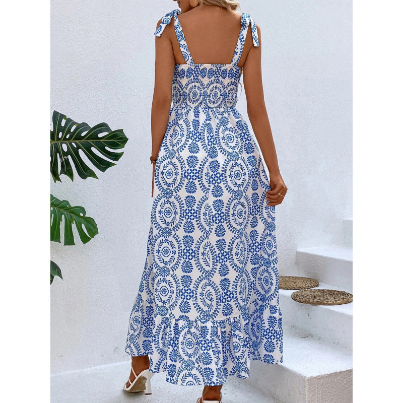 2025 New Cross-Border Hot-Selling European and American Printed Thigh-Slit Spaghetti Strap Long Dress, Fashionable and Sexy European and American Style