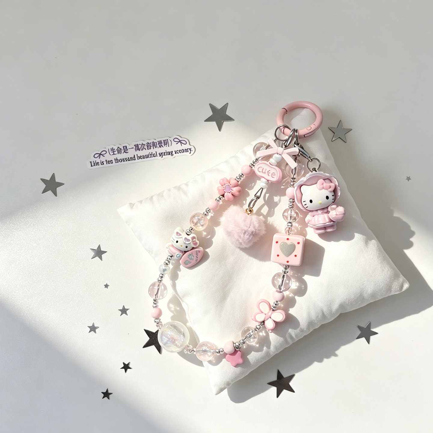 Pink-themed Hello Kitty cat phone lanyard, beaded phone chain, CCD camera, Polaroid, bag hanging chain