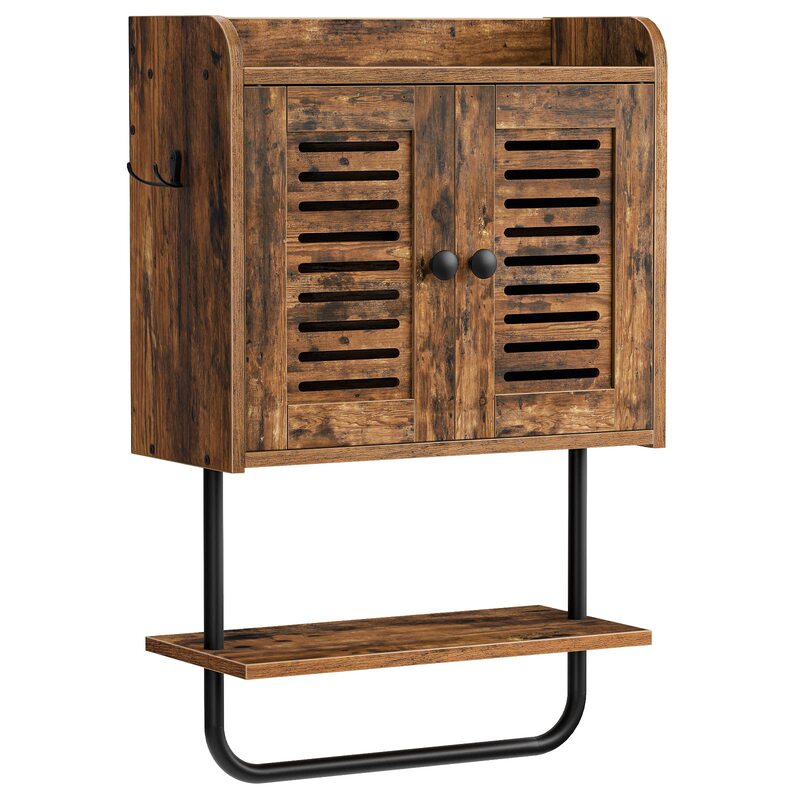 Medicine Cabinet Double Door Bathroom Wall Cabinet with Towel Strip Adjustable Shelf 2 Hooks Toilet Locker