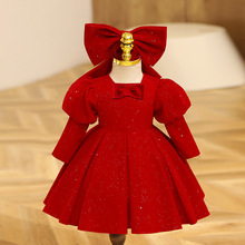 周岁礼服女宝宝洋气女童生日晚礼服长袖红色小花童公主裙秋款