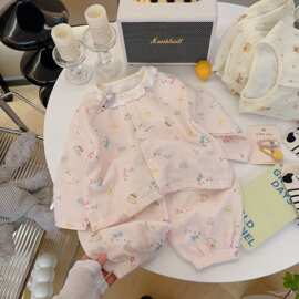 春夏季儿童纯棉家居服套装男孩女孩空调服男童女童双层纱布睡衣无